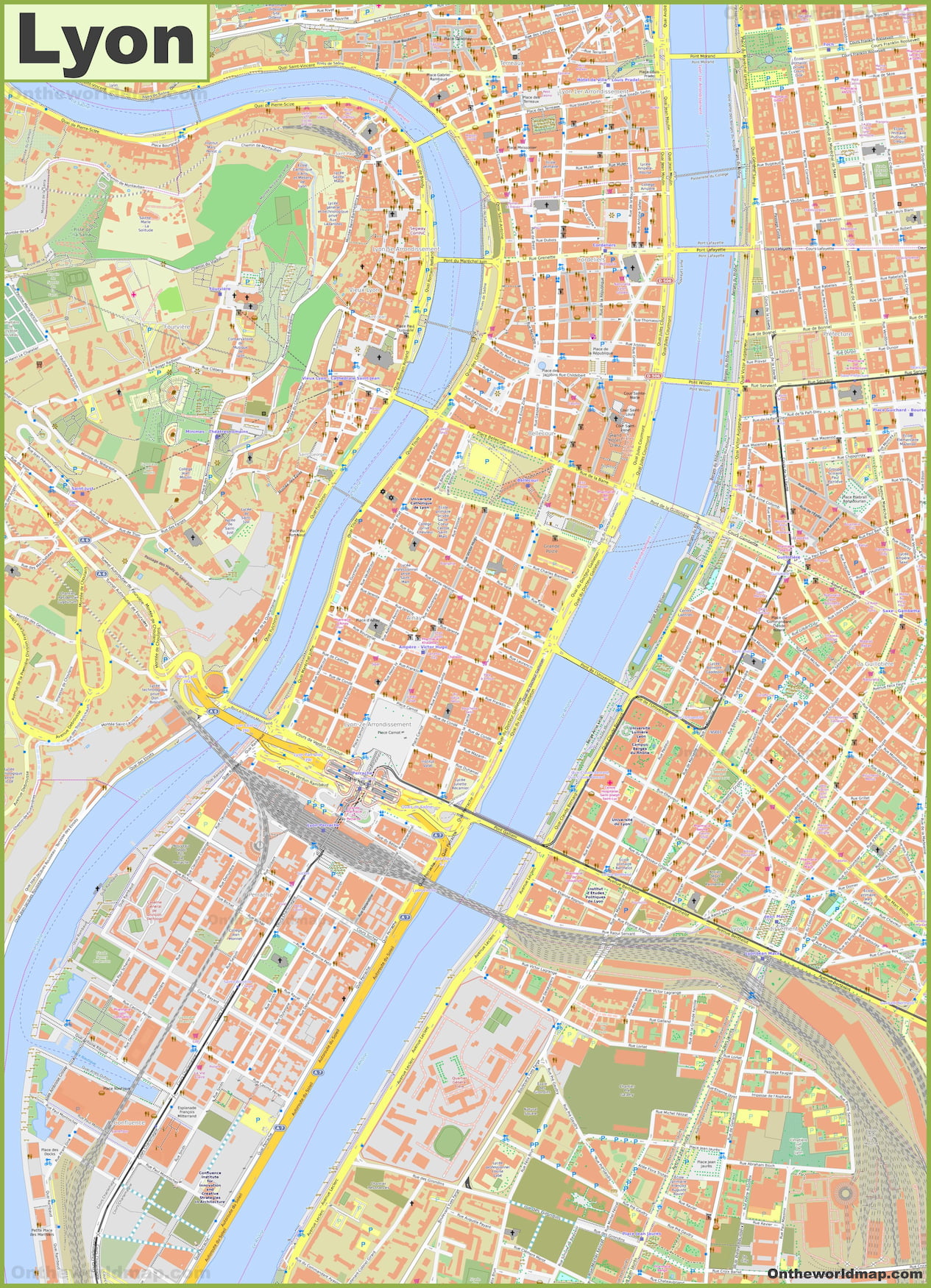Lyon downtown map. Source: OnTheWorldMap