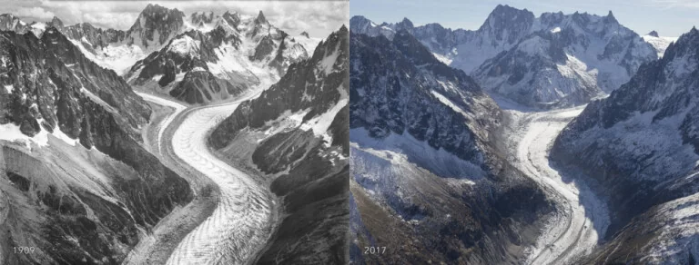 Mer De Glace comparison: 1909 and 2017. Source: Eduard Spelterini / Dr Kieran Baxter