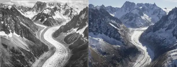Mer De Glace comparison: 1909 and 2017. Source: Eduard Spelterini / Dr Kieran Baxter